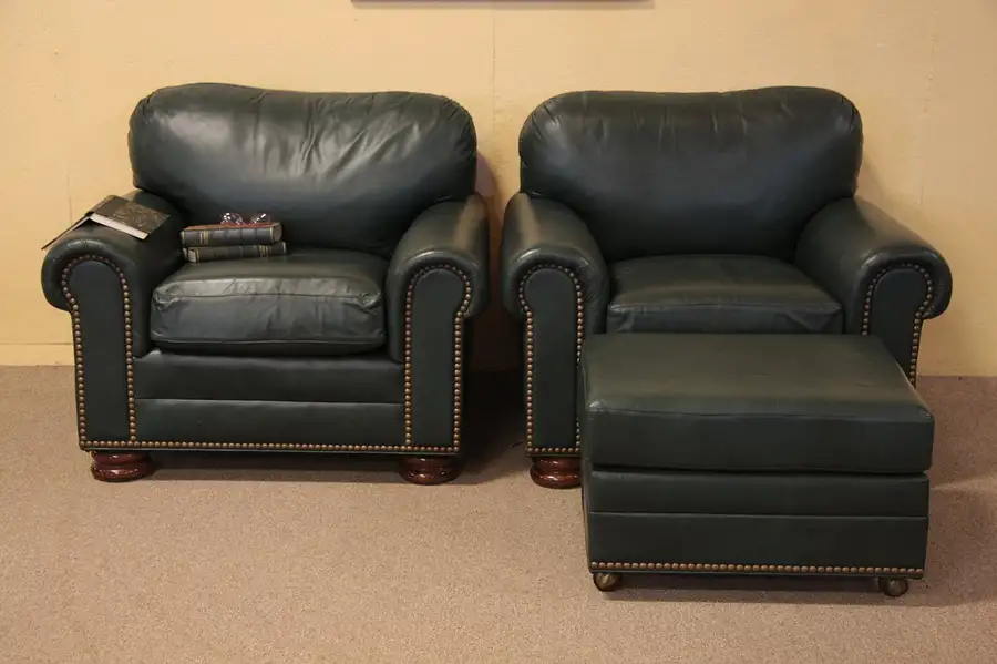 Main image of Hancock Moore Pair Green Leather Armchairs & Ottoman