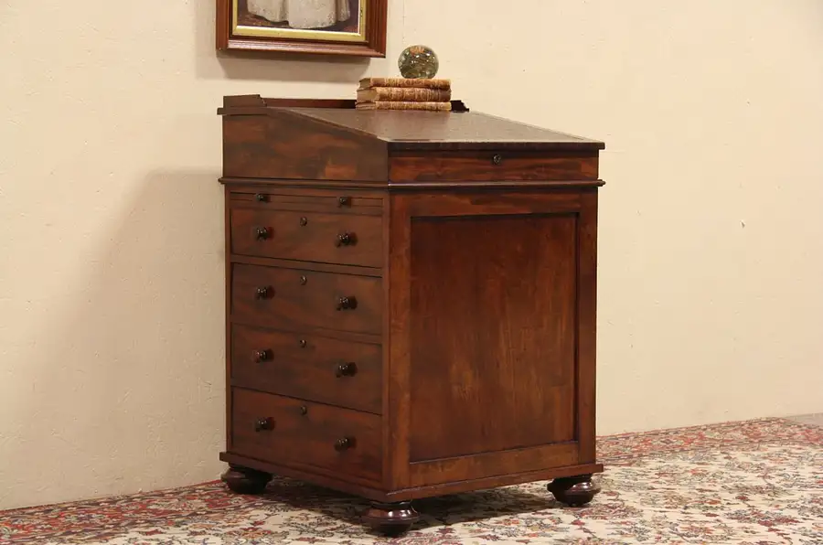 Main image of Ship Captain 1875 Desk, Secret Drawers, Sliding Leather Top & Shelf