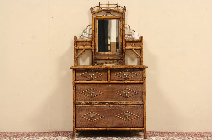Main image of Bamboo & Tile 1880 Antique Chest or Dresser, Swivel Mirror, Vessel Sink Vanity