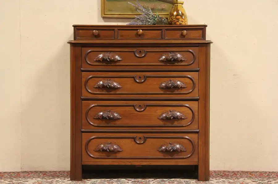 Main image of Victorian 1865 Antique Walnut Chest or Dresser, Carved Pulls