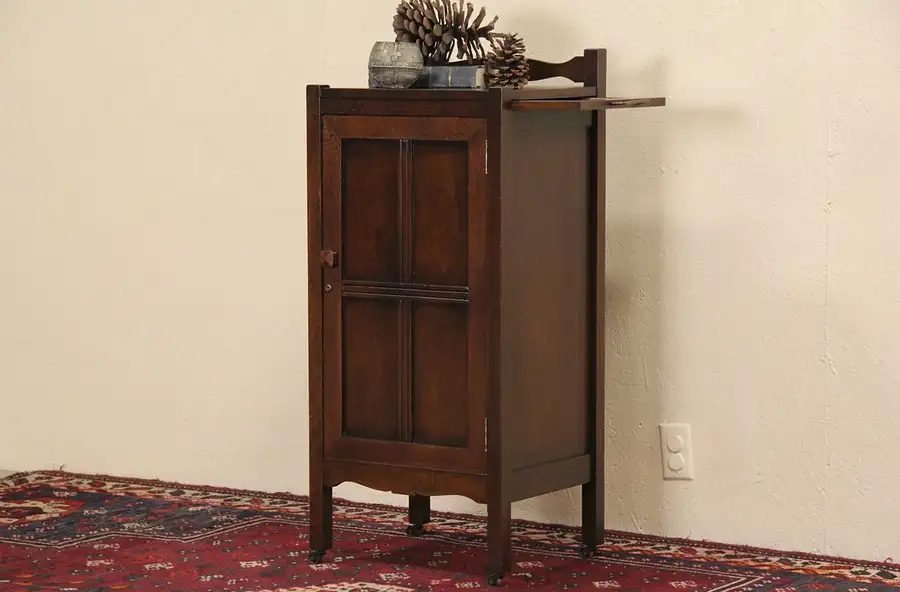 Main image of Oak 1900 Antique Barber Stand or Physician Medical Cabinet, Sliding Tray