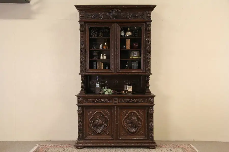 Main image of Black Forest 1880 Antique Carved Oak Bookcase Display Cabinet