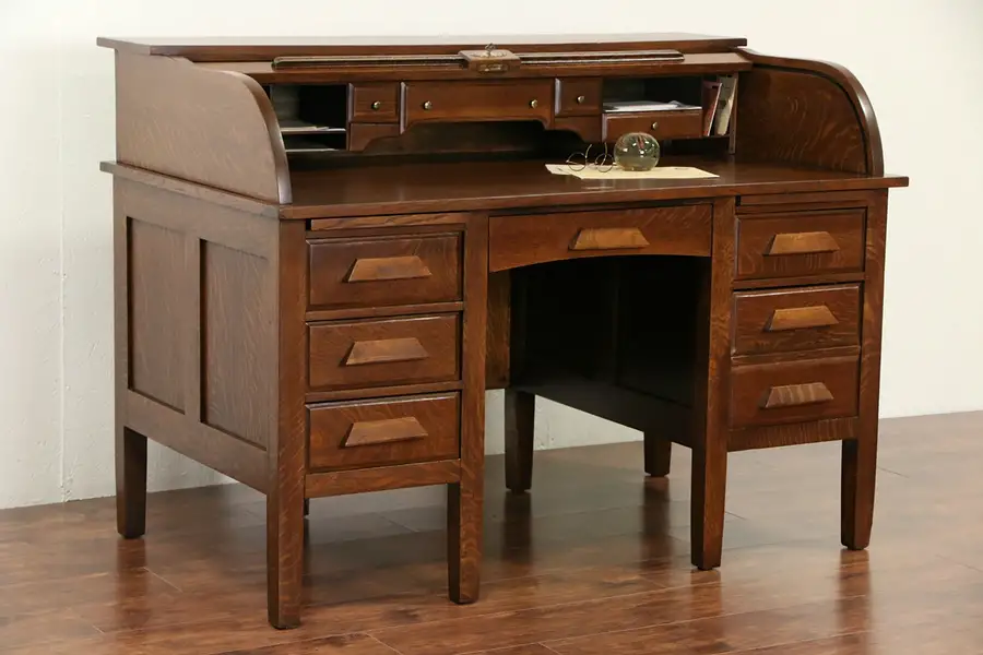 Main image of Arts & Crafts Mission Oak 1910 Antique Roll Top Desk from Wis. Lodge