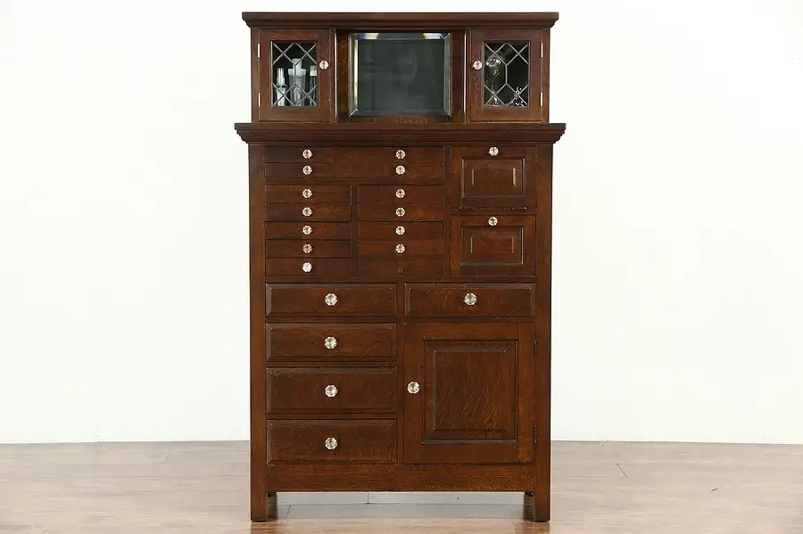 Main image of Oak Dentist Antique Dental, Jewelry or Collector Cabinet, Leaded Glass, Signed