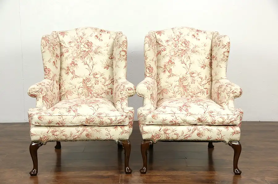 Main image of Pair of Georgian Style Mahogany Wing Chairs, Down Cushions, Recent Upholstery