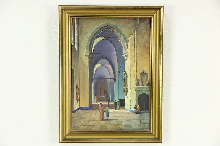 Main image of Gothic Church Cathedral Interior Original Scandinavian Oil Painting, Signed KPS