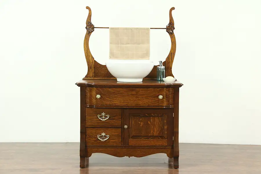 Main image of Victorian Antique Oak Small Chest or Commode, Towel Bar