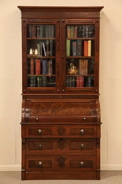 Main image of Victorian Eastlake Cylinder Roll Top Desk & Bookcase