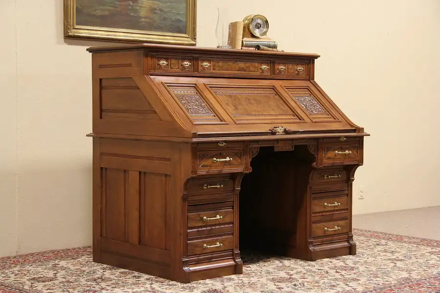 Main image of Victorian Eastlake 1880 Antique Secretary Desk, Sliding Top