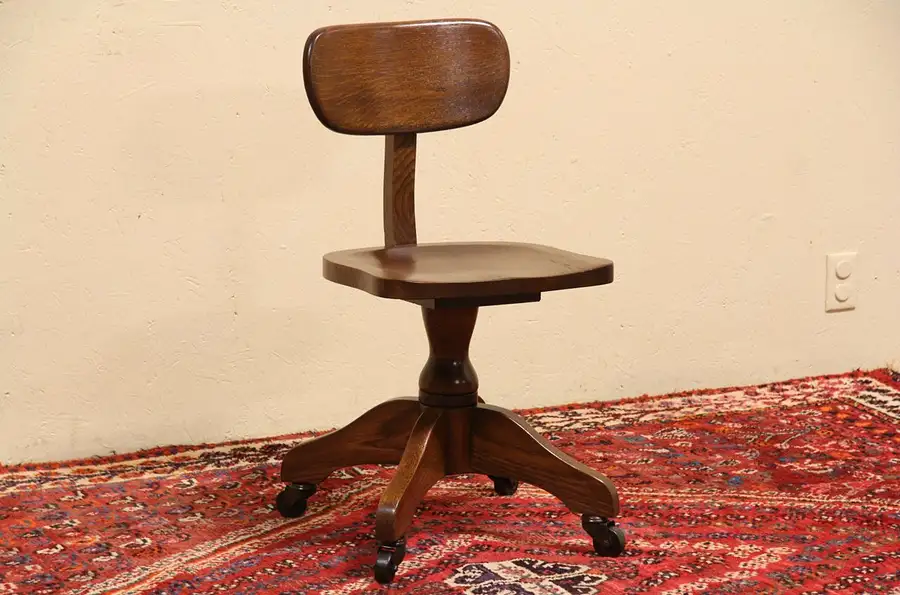 Main image of Oak 1930 Art Deco Swivel Desk Chair on Wheels