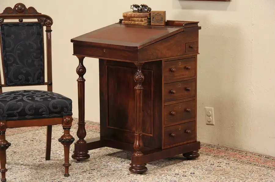 Main image of Davenport or Ship Captain Desk, 1870's English Antique, Leather Top