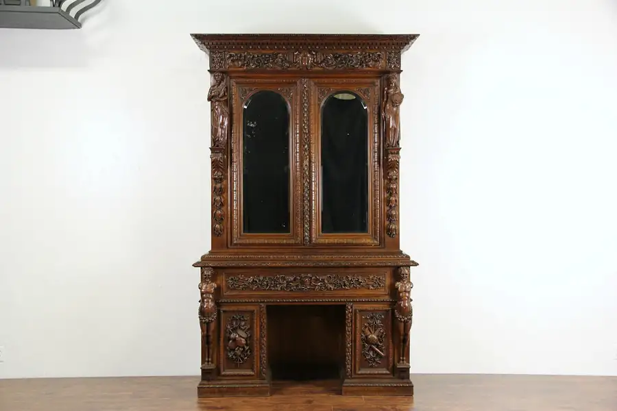 Main image of Oak 1870's Antique Library Desk & Bookcase, Carved Sculptural Figures