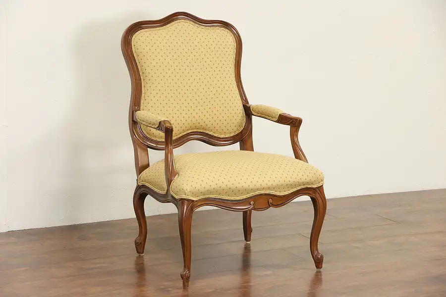 Main image of Ethan Allen Carved Country French Chair, Custom Gold Upholstery