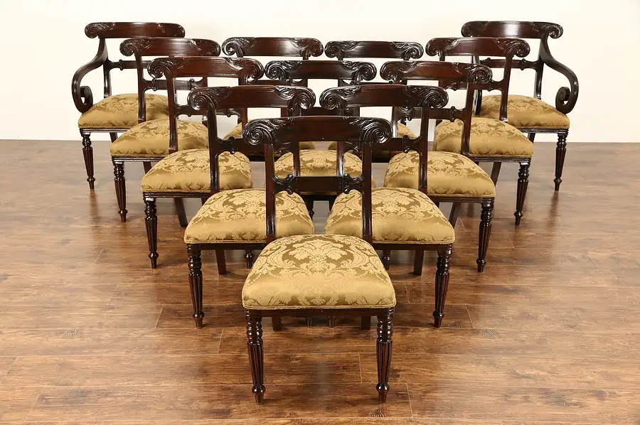 Main image of Set of 12 Carved Empire Style Vintage Dining Chairs, New Upholstery