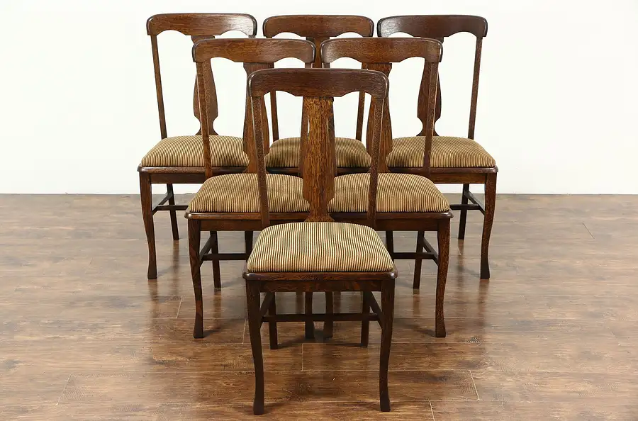 Main image of Set of 6 Antique 1900 Quarter Sawn Oak Dining Chairs, New Upholstery