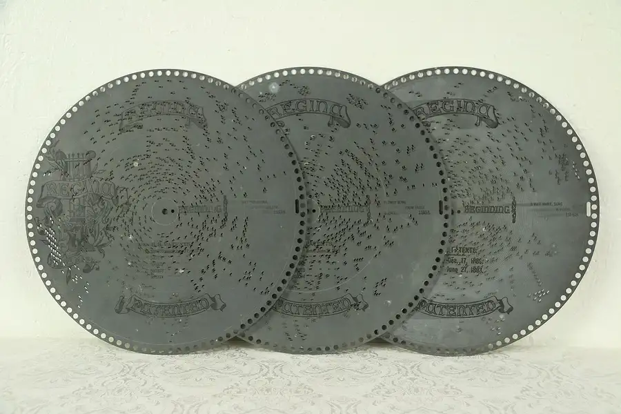 Main image of Three Antique 15 1/2" Regina Music Box Discs
