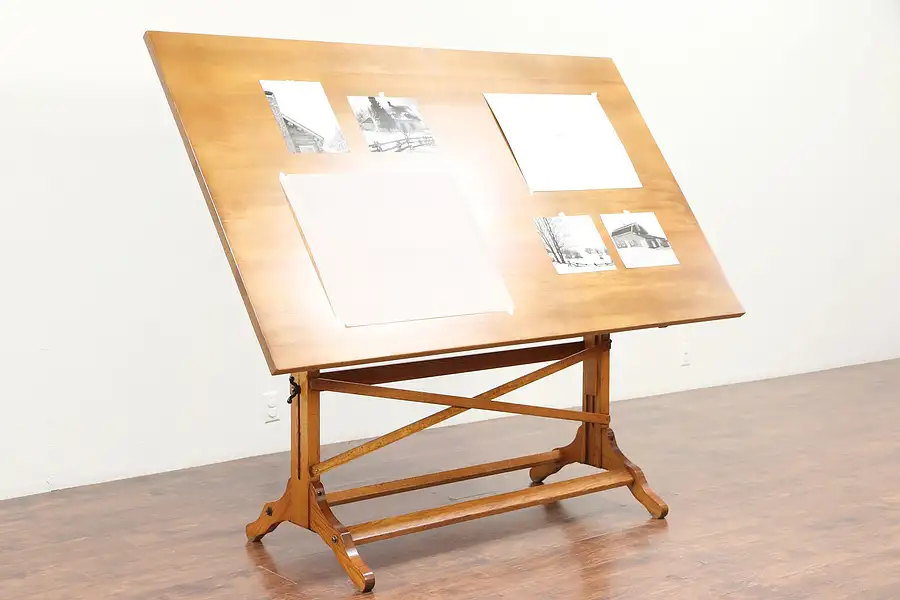 Main image of Drafting Artist Desk, Vintage Oak & Pine Drawing or Wine & Cheese Table