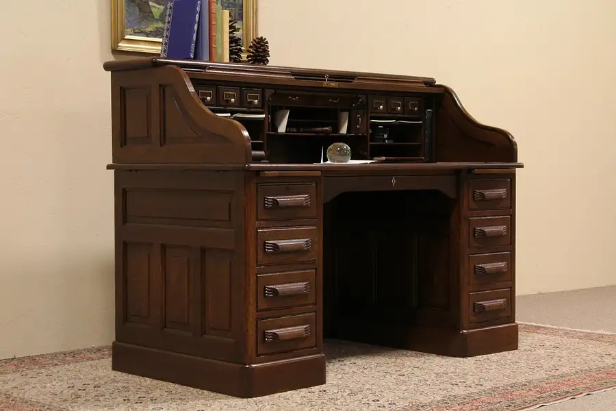 Main image of Oak S Curve 1900 Antique 5' Roll Top Desk