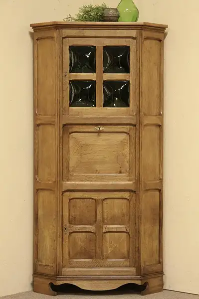 Main image of Oak Corner Bar Cabinet, Stained Glass Door