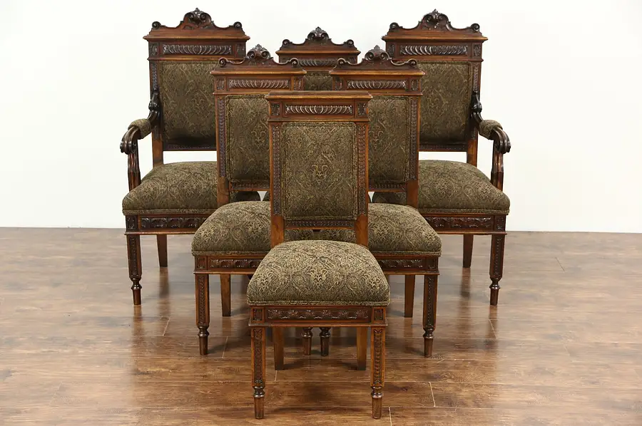 Main image of Set of 6 Italian Carved Walnut Antique Dining Chairs, New Upholstery