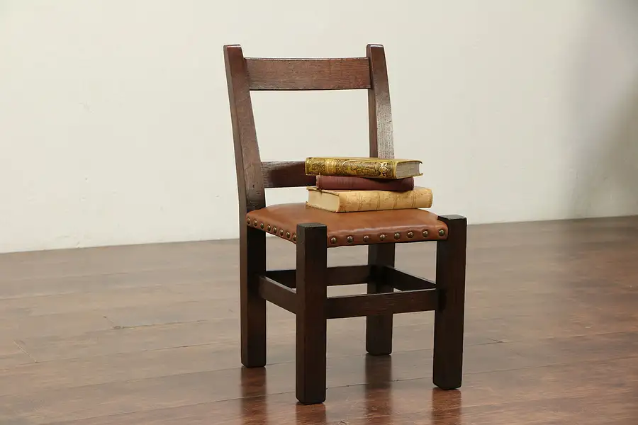 Main image of Arts & Crafts Mission Oak Antique Craftsman Child Chair, New Leather