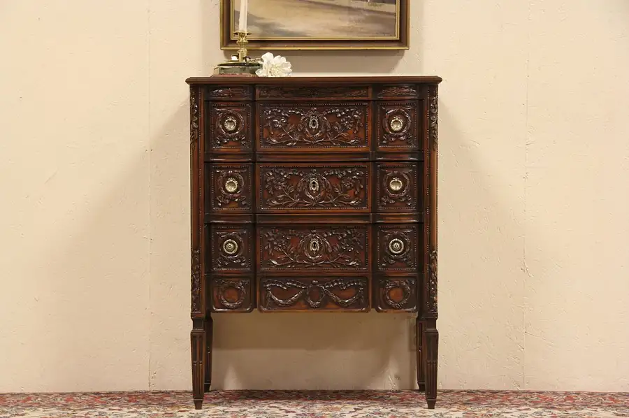 Main image of Hand Carved Walnut 3 Drawer Antique 1920 Belgian Chest
