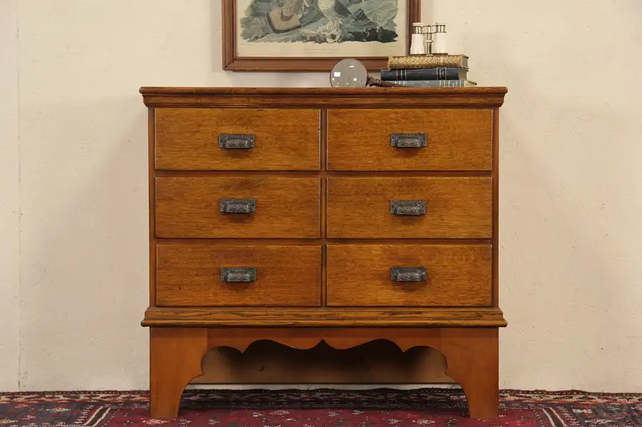 Main image of Pine & Oak 1890's Antique Chest or Dresser, 6 Drawers, Original Iron Pulls
