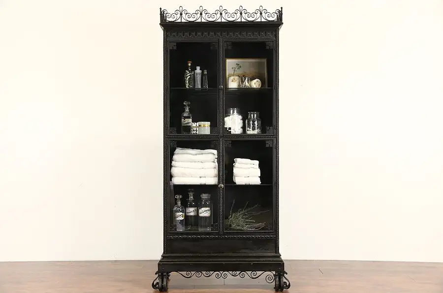 Main image of Physician 1890's Antique Iron Medical or Bathroom Cabinet, Secret Compartment