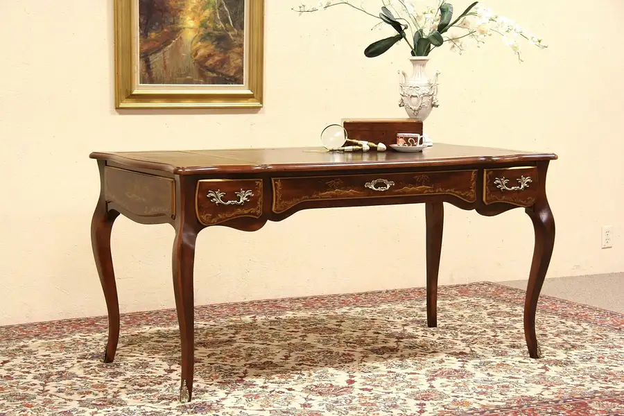 Main image of French Design Writing Desk, Leather and Hand Painting