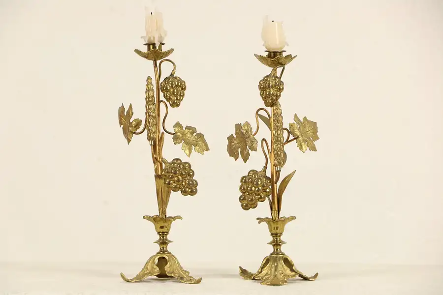 Main image of Pair Brass Grapevine Antique 1900 Candlesticks