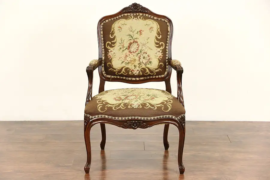 Main image of French 1930 Vintage Hand Carved Fauteuil Chair, Hand Stitched Needlepoint