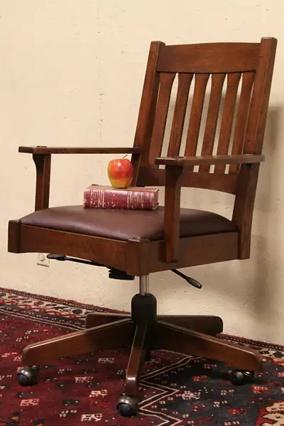 Main image of Stickley Vintage Oak & Leather Swivel Adjustable Desk Chair