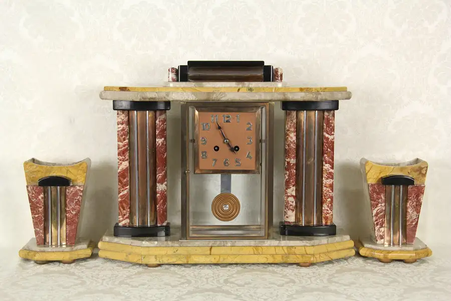 Main image of French Art Deco 1925 Antique 4 Color Marble Clock Set 3 Pc.