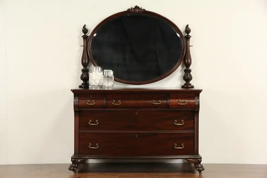 Main image of Mahogany 1910 Antique Empire Dresser or Chest, Beveled Mirror