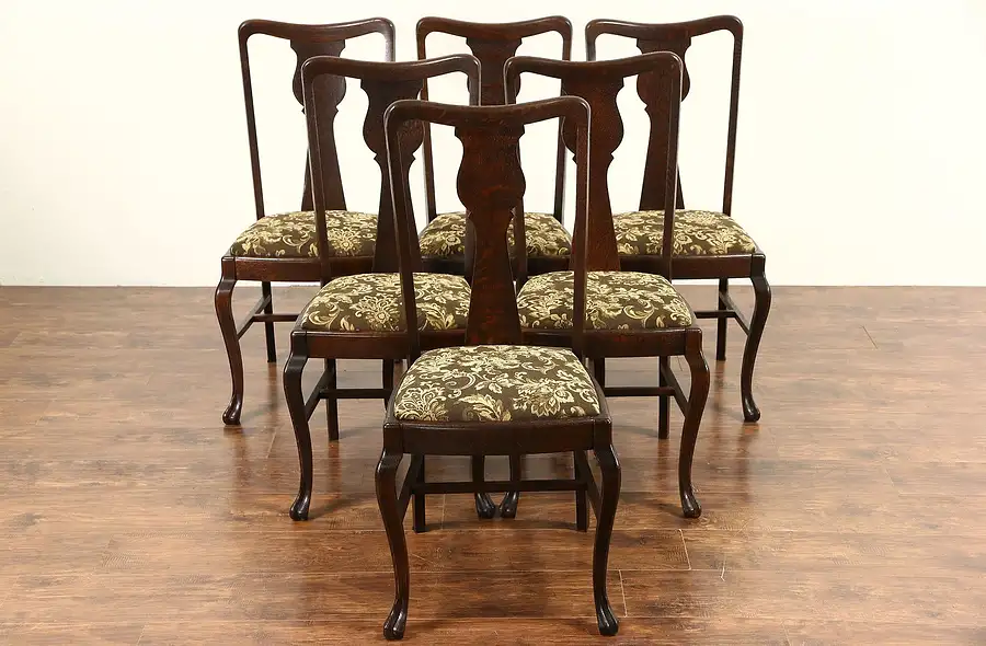 Main image of Set of 6 Oak 1900 Antique Carved Paw Foot Dining Chairs, New Upholstery