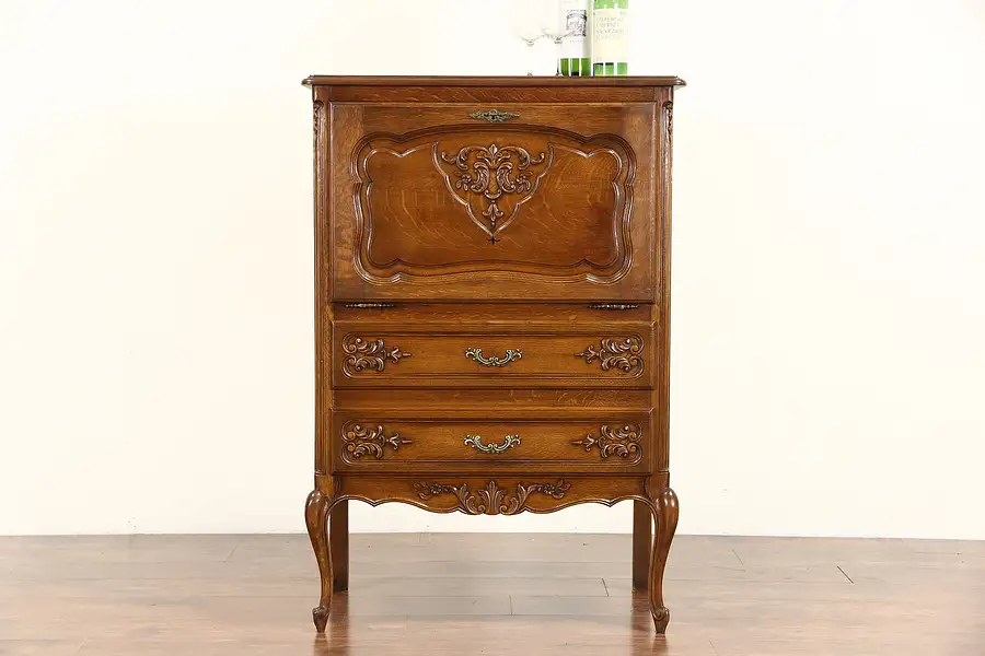 Main image of Country French Carved Oak 1930's Vintage Dropfront Bar Cabinet