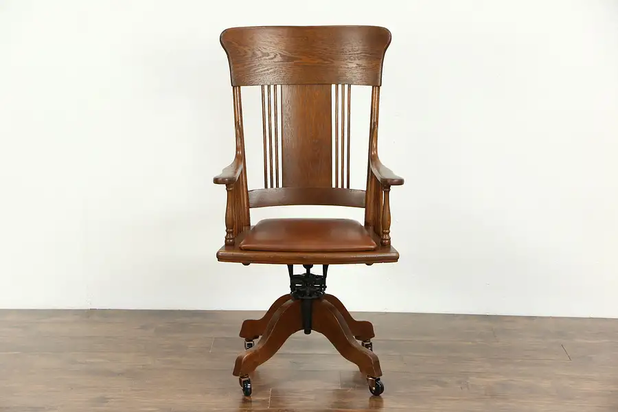 Main image of Oak 1910 Antique Adjustable Swivel Desk Chair, Leather Seat