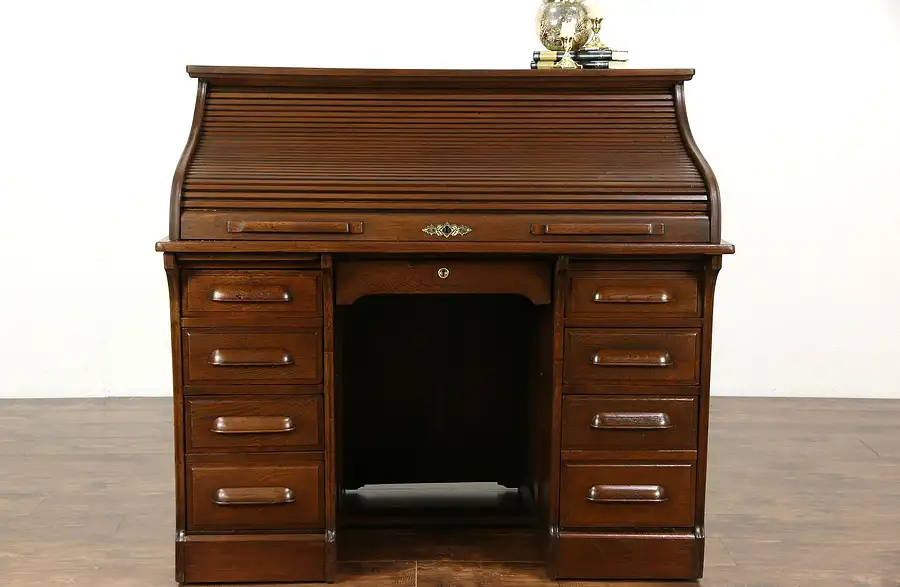 Main image of Oak 1900 Antique Roll Top Desk, 15 Drawers