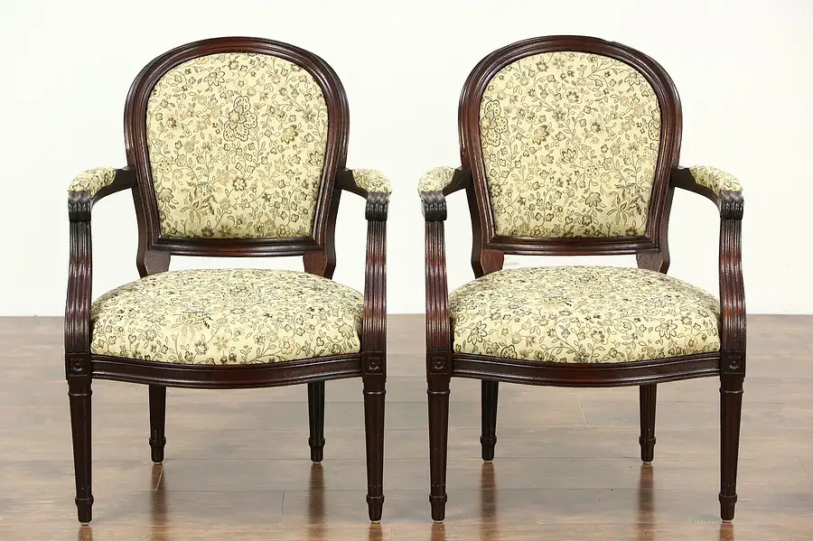 Main image of Pair Carved Mahogany French Style Vintage Mahogany Chairs, New Upholstery