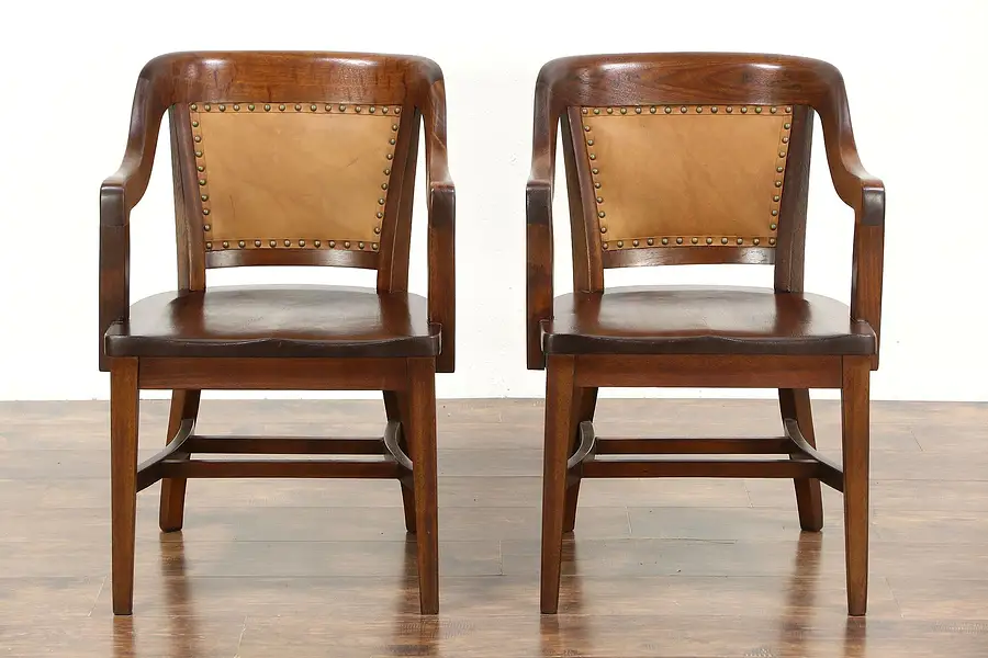 Main image of Pair of Antique Mahogany & Leather Banker Chairs, Signed Lome, Chicago