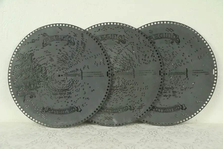Main image of Three Antique 15 1/2" Regina Music Box Discs