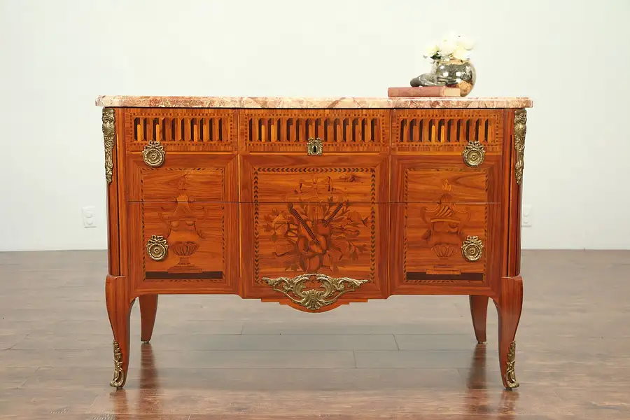 Main image of Italian Vintage Chest, Dresser or Commode, Marquetry & Marble Top