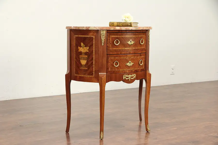 Main image of French Antique Demilune Hall or Lamp Table, Marble & Rosewood Marquetry