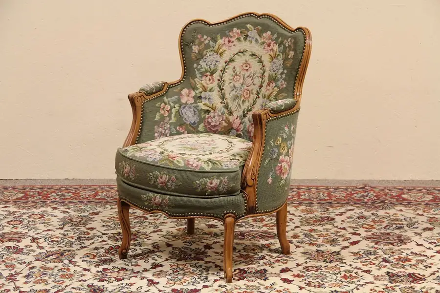Main image of French Bergere Green Needlepoint Armchair