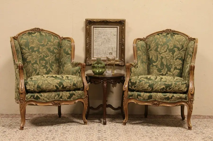 Main image of Pair of Carved French Wing Chairs, Down Cushions