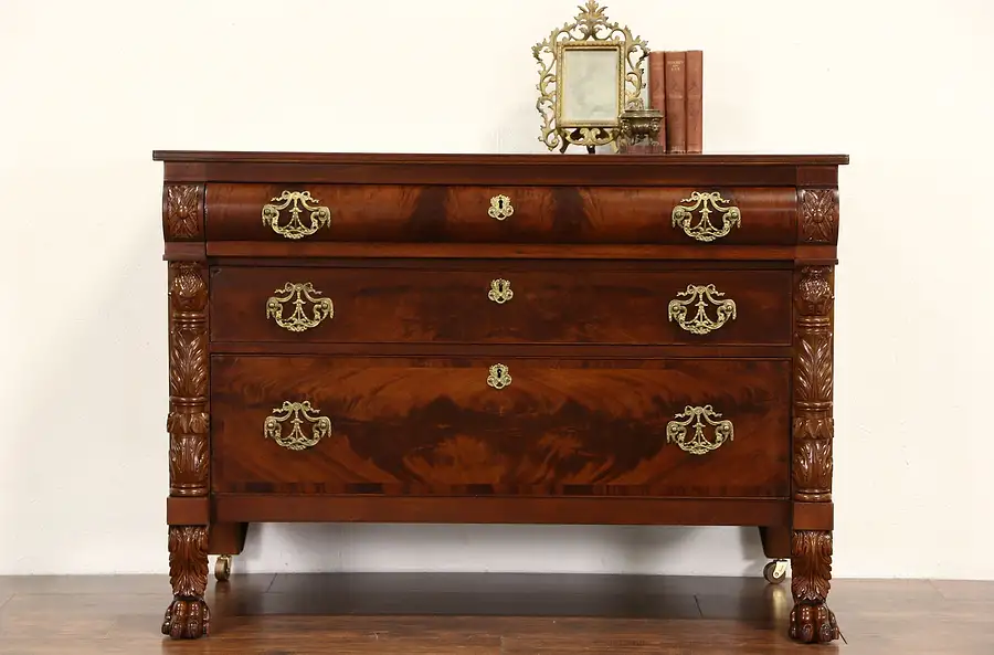 Main image of Empire 1840's Antique Dresser or Linen Chest, Carved Acanthus & Lion Paw Feet