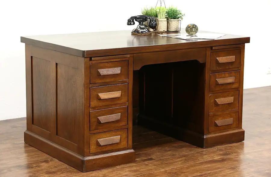Main image of Oak Antique 1900 Library or Office Desk, File Drawer, Pull Out Shelves