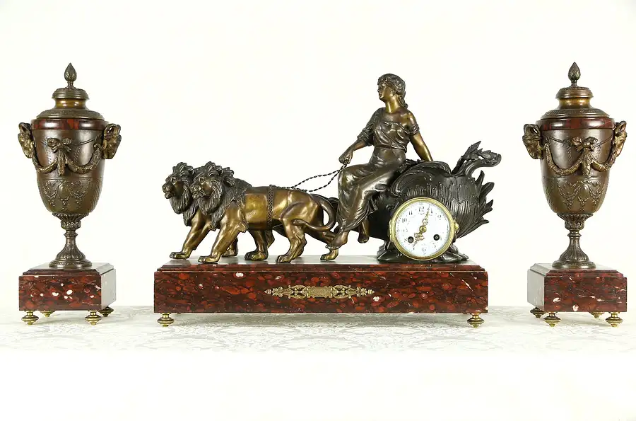 Main image of French Red Marble Antique Mantel Figural Clock Set, Lions & Chariot Signed Paris