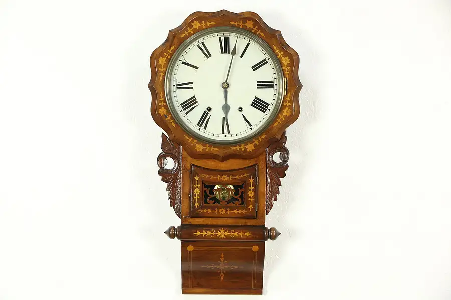 Main image of Wall Clock, 1870 Antique Dutch Walnut & Marquetry, Strikes Hour