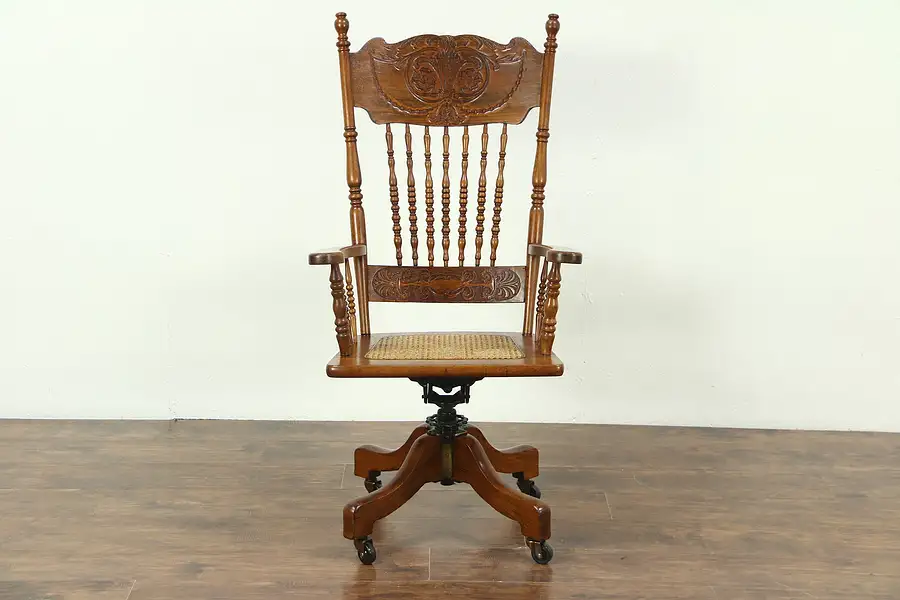 Main image of Victorian 1900 Antique Swivel Adjustable Desk Chair, Carved Press Back